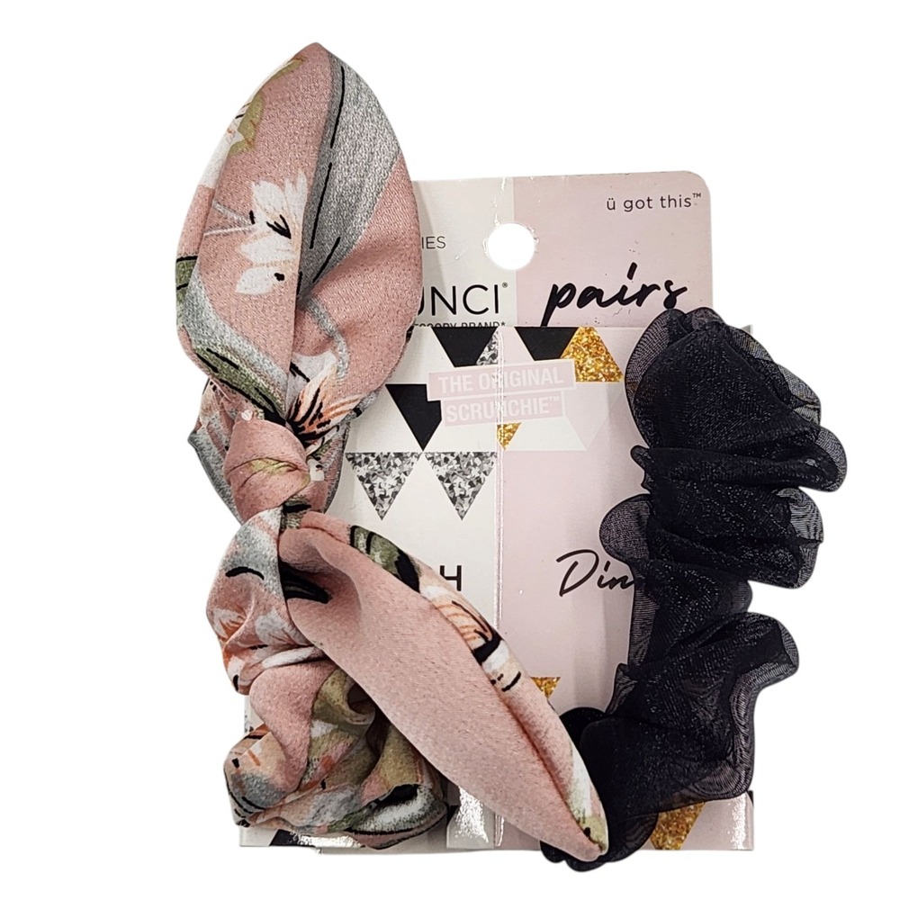 2X Scunci Pairs Scrunchies Brunch and Dinner 2 Pcs Each Set Floral Black Design - Picture 2 of 7